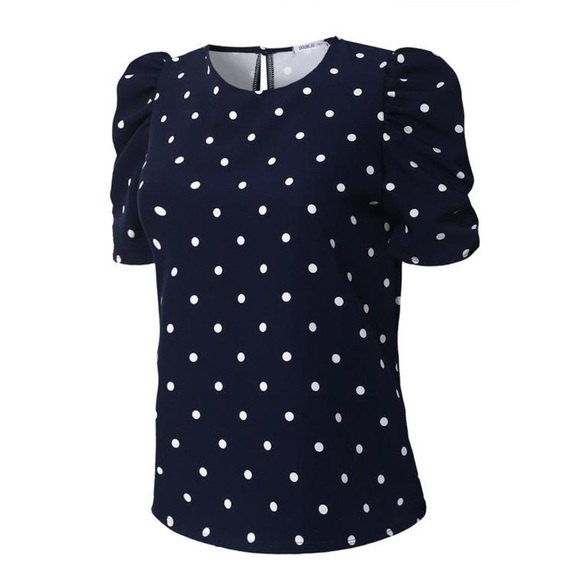 Navy and Ivory Polka Dot Puff Sleeve Tops - Picture 2 of 4